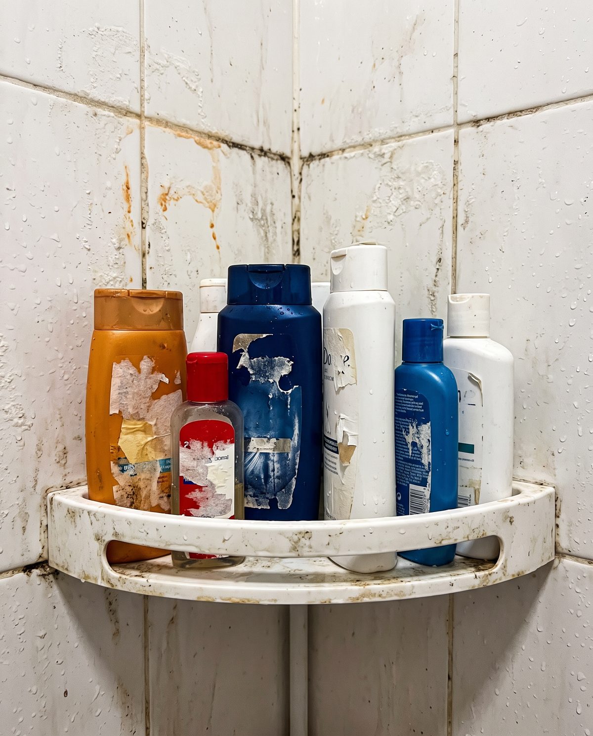 A crowded shower shelf of medicated shampoo bottles