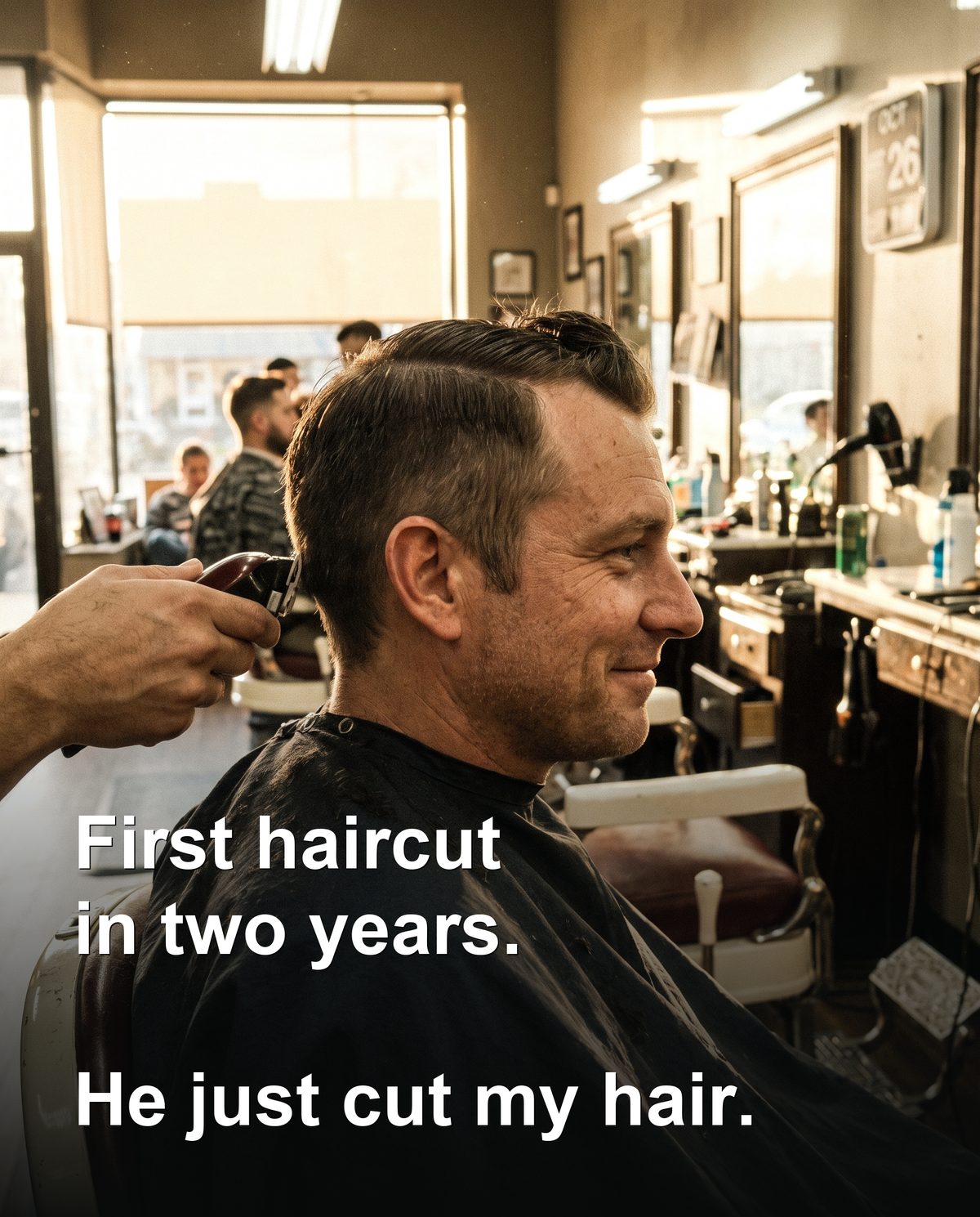 A man mid-haircut in a busy barbershop, relaxed