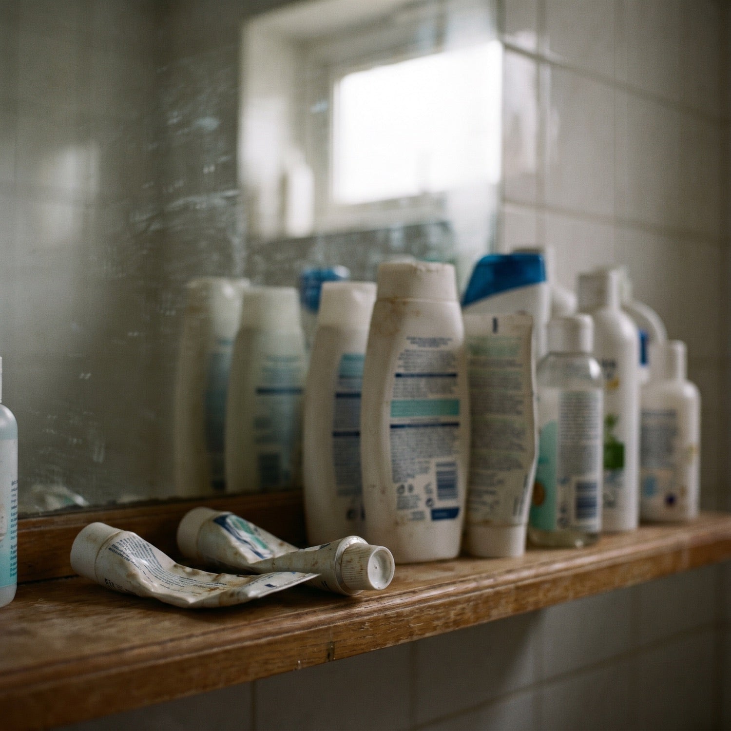 A cluttered shelf of half-used medicated shampoo and treatment bottles