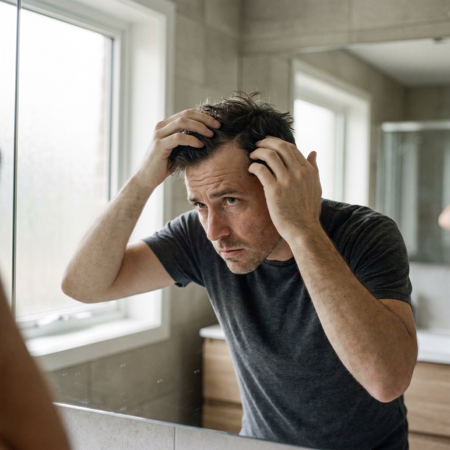 A man examining his scalp in the bathroom mirror