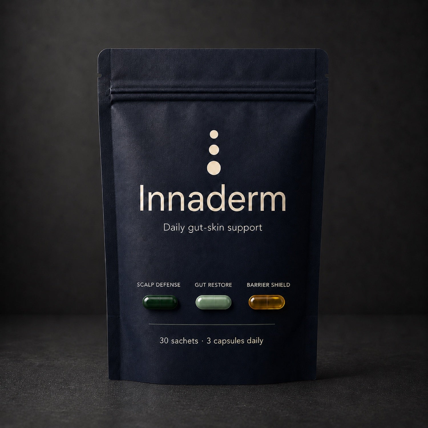 InnaDerm navy sachet pouch with three capsules